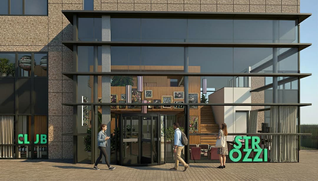 Modern building entrance with glass facade, revolving door, and people walking. Interior features stairs, plants, and framed pictures.
