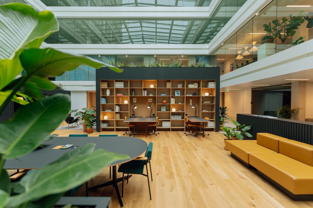 Modern office space with wooden floors, shelving, yellow seating, large plants, and a glass ceiling, creating a bright, open environment.